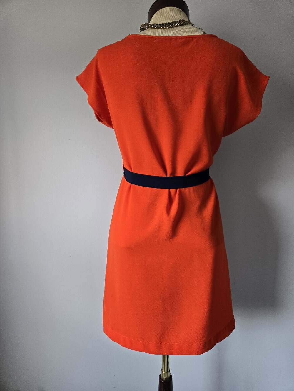 Ya Los Angeles Bright Orange Dress With Navy Embroidery. Belted Dress. Size Sm - Picture 7 of 12